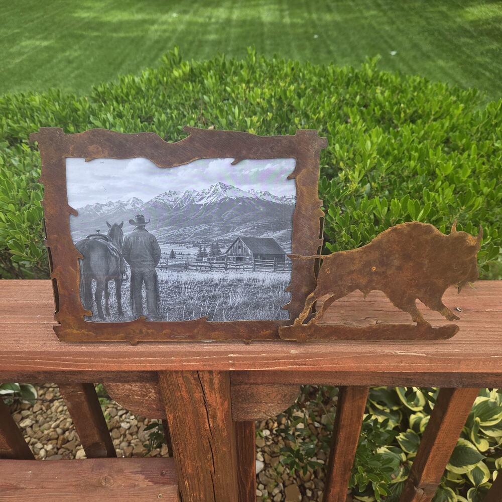 Rare Rijline Metal Art Montana Buffalo Picture Frame Signed Western Lodge Decor